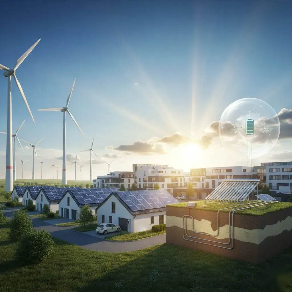 Wohnsiedlung mit Photovoltaik-Dächern, Solarkollektoren, Erdwärmekollektor im Querschnitt und Windrädern