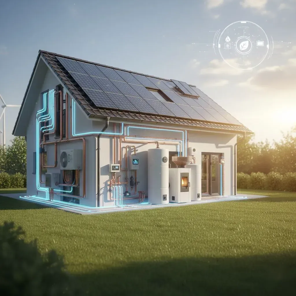 Querschnitt eines Hauses mit kombinierter Anlage aus Wärmepumpe, Photovoltaik, Pelletkessel und Speichern