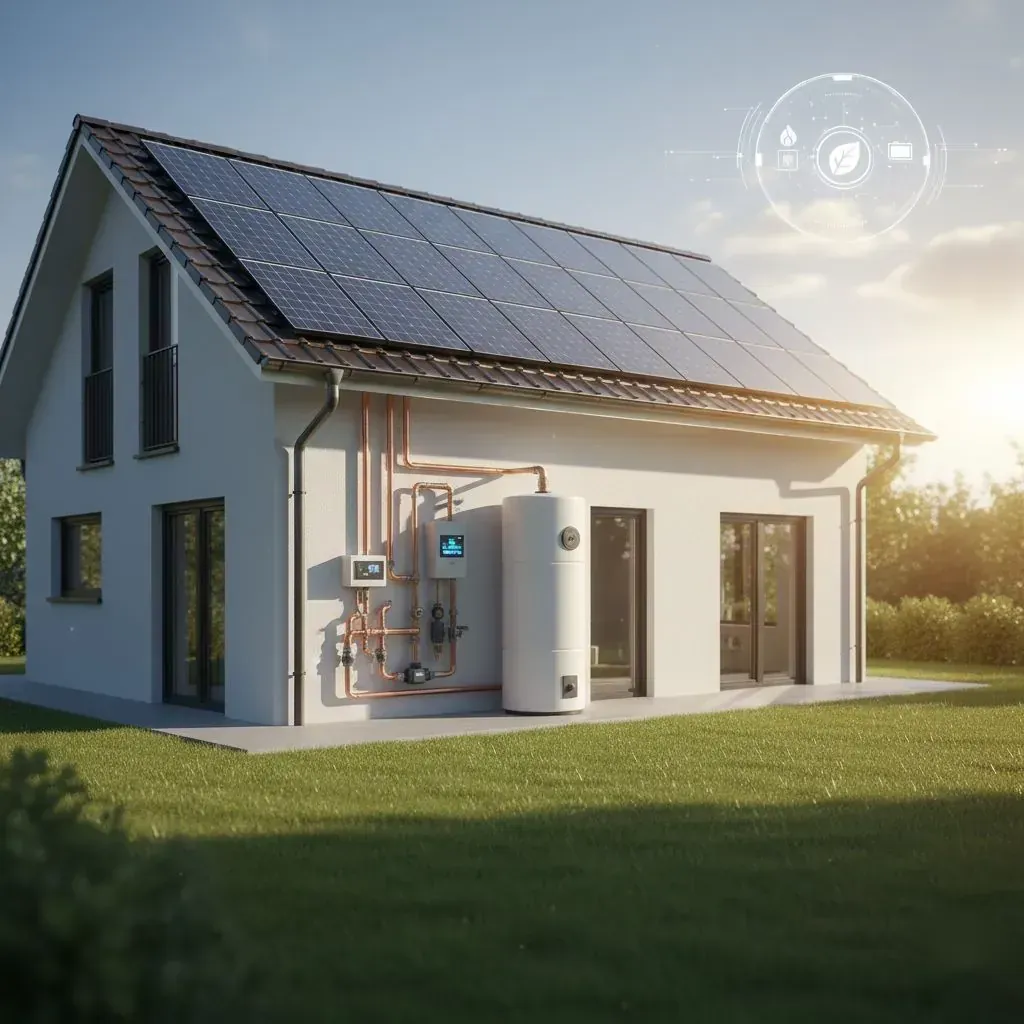 Einfamilienhaus mit Solarkollektoren auf dem Dach, Warmwasserspeicher und Regelung an der Außenwand