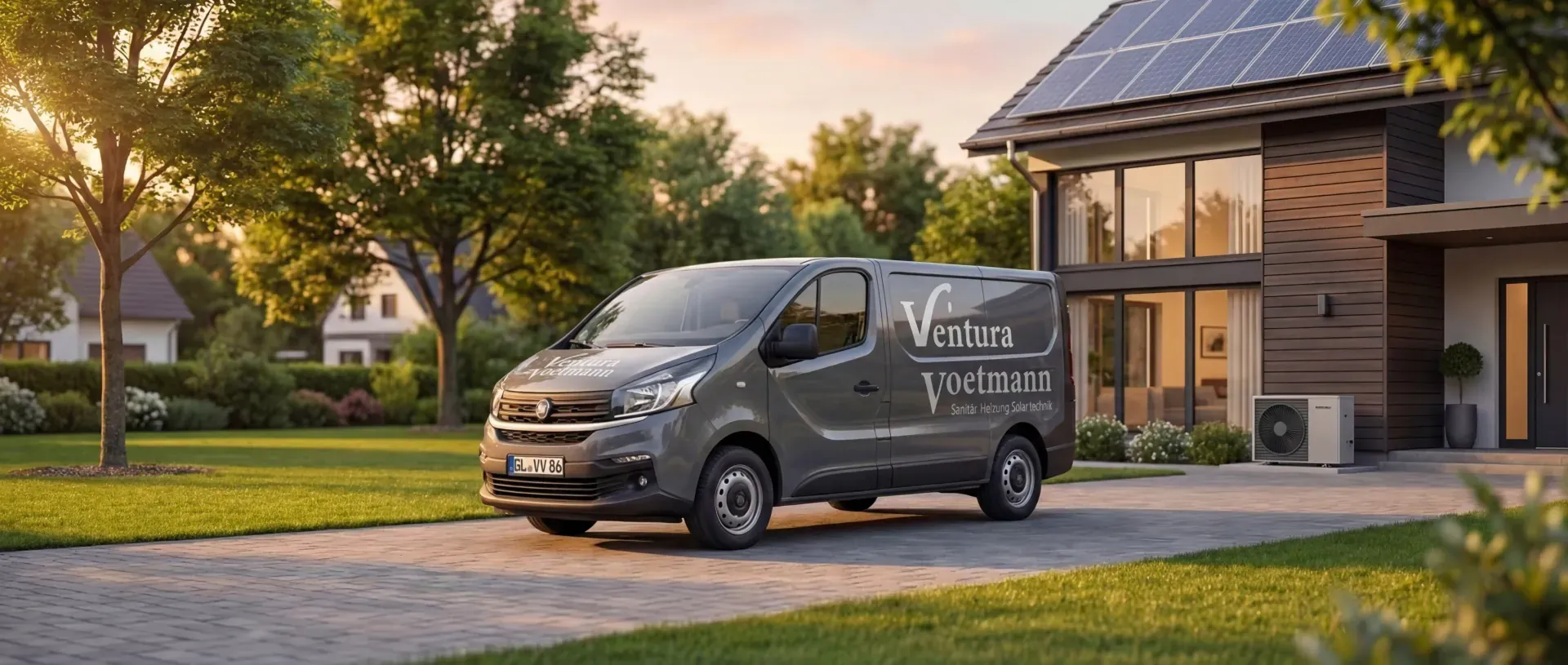 Firmenfahrzeug der Ventura - Voetmann GmbH vor einem Wohnhaus mit Photovoltaik-Dach und Außeneinheit